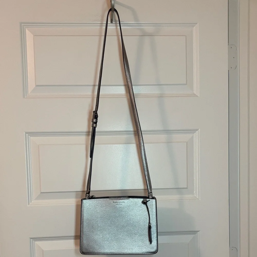 Kate Spade Eva Metallic Silver Crossbody bag pebbled leather medium jewel tone - Picture 2 of 16
